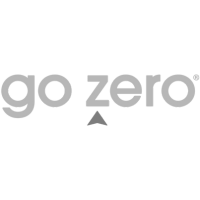 A black and white logo for go zero with an arrow pointing up.