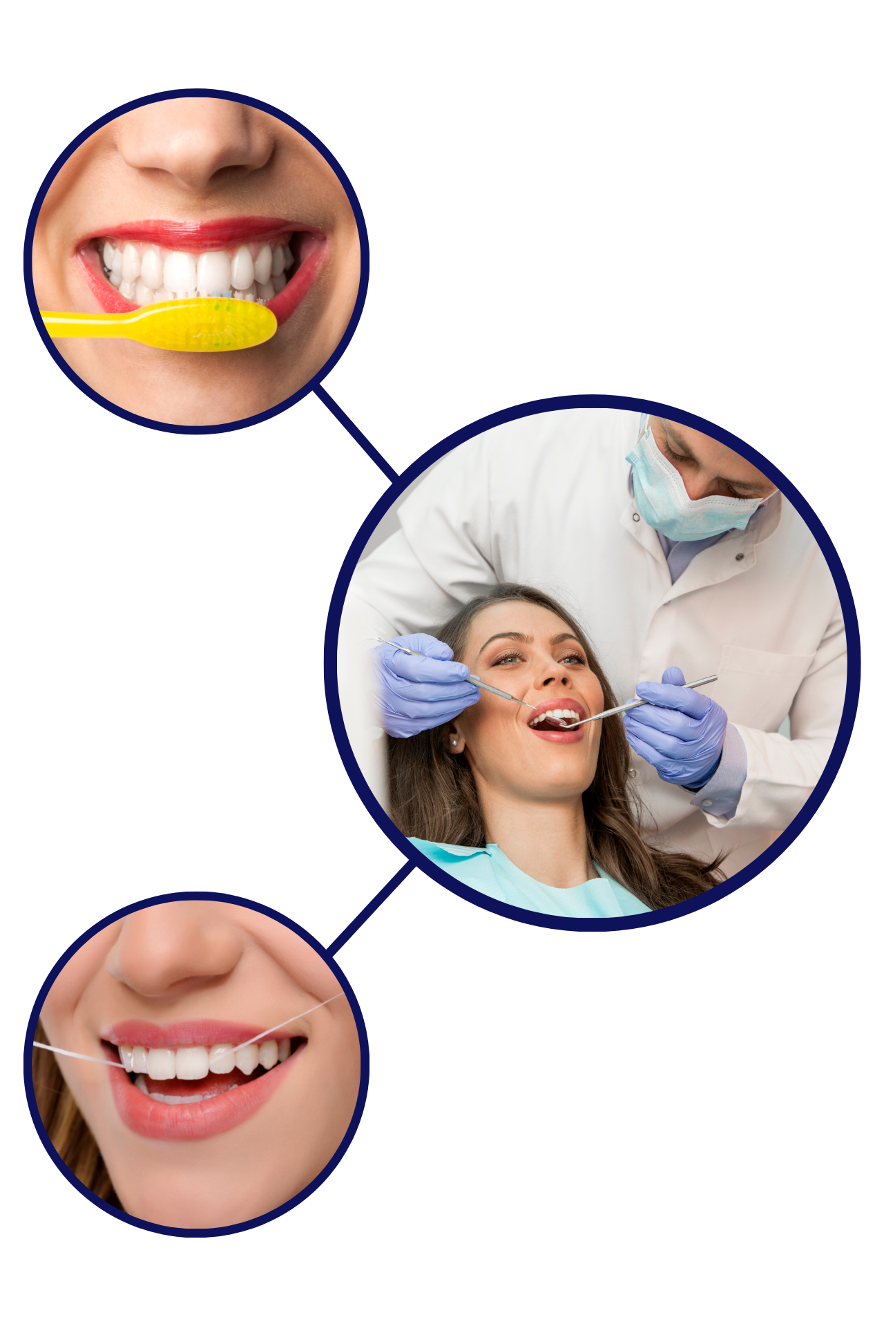 a woman brushing her teeth, a woman having dental checkup, a woman flossing