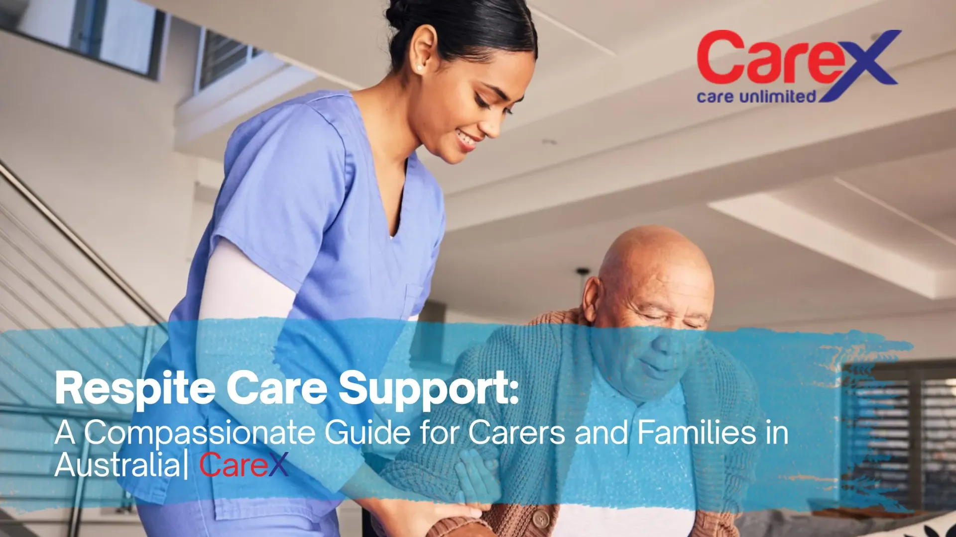 CareX carer in scrubs assisting an older man indoors, offering support and attention