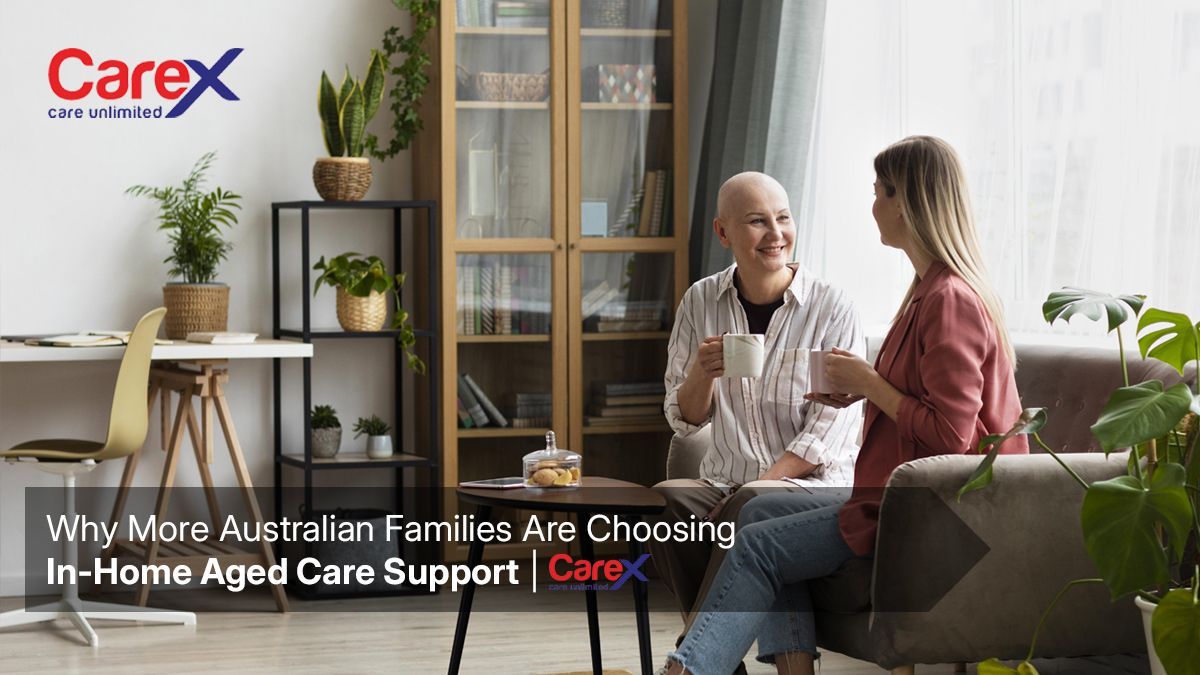 Support worker providing in-home aged care support to an elderly person in
Australia