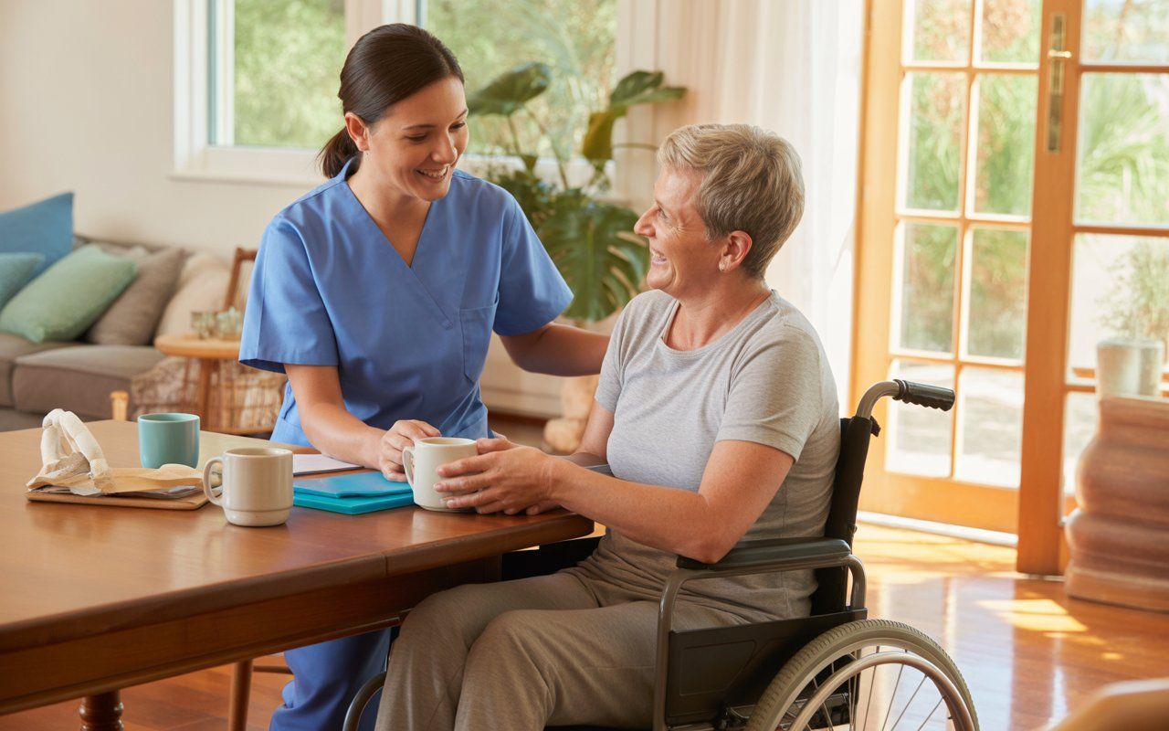 Carer in scrubs handing a cup of tea to a smiling woman using a wheelchair at home
