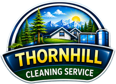 Thornhill Cleaning Service logo with mountains, pine trees, house, sun, and blue water tank