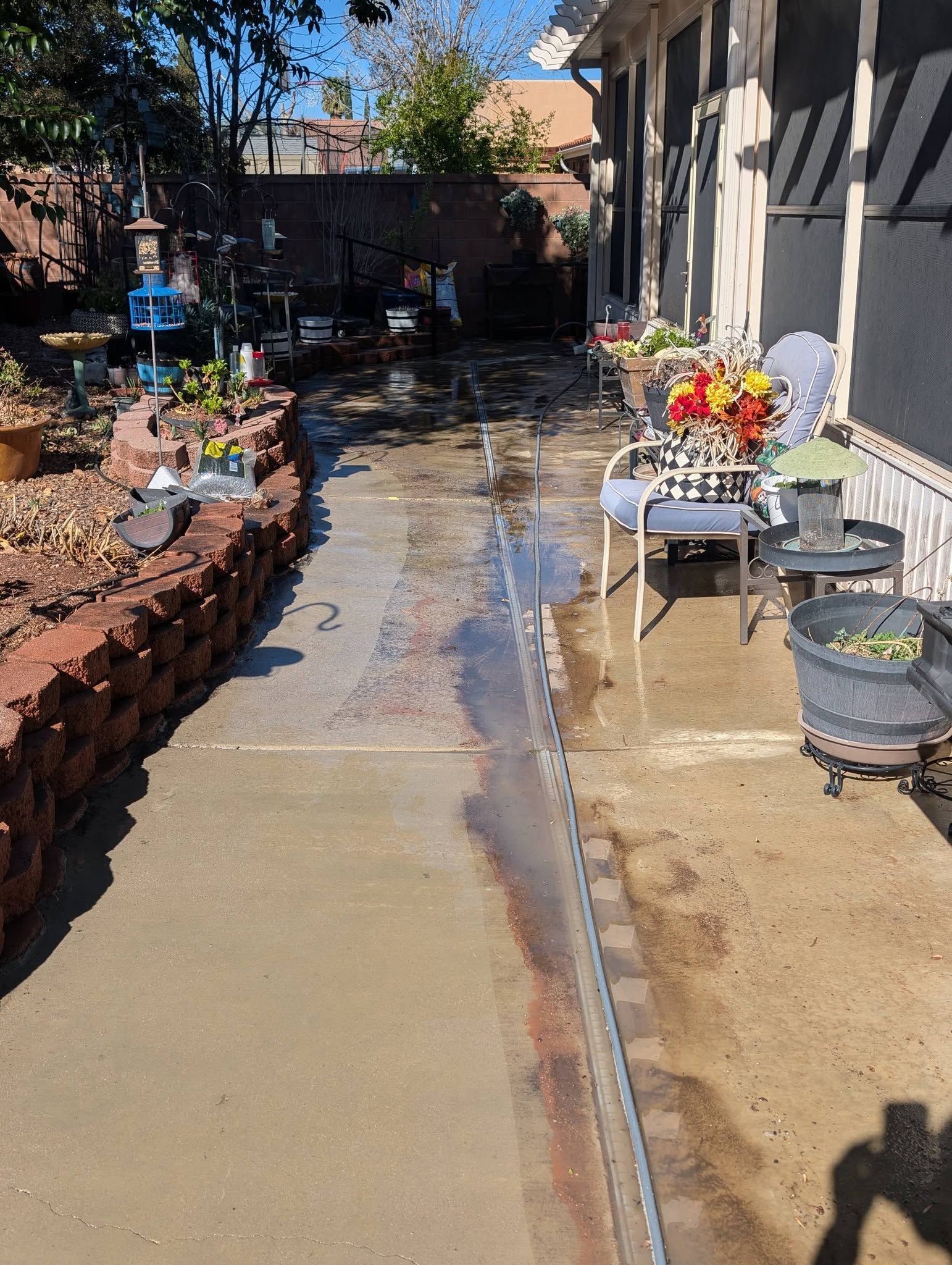 Backyard walkway flooded with water, flanked by potted flowers and garden beds in sunlight