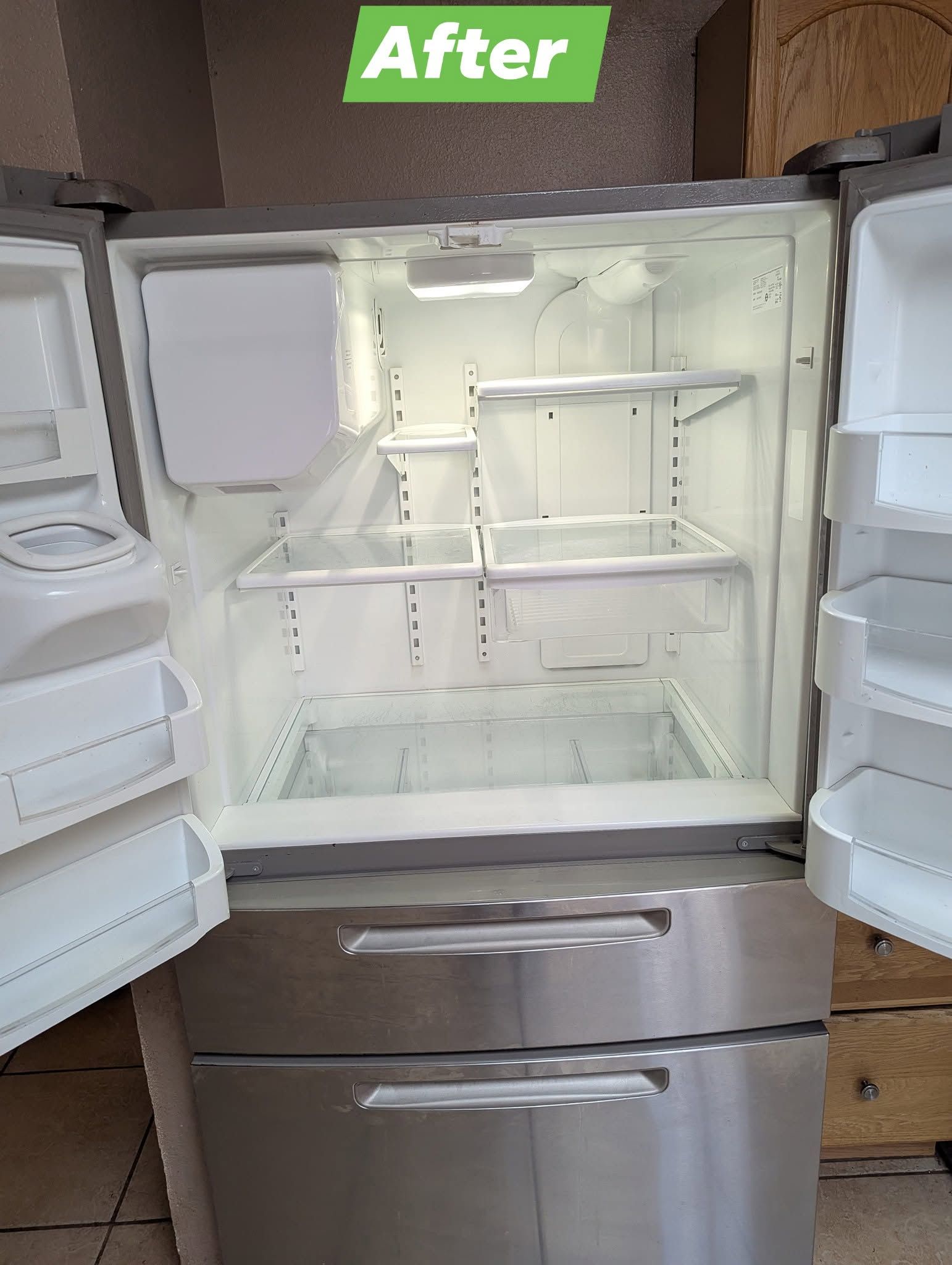 Open stainless steel refrigerator with white shelves and doors, labeled “After” at the top.