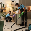 Two cleaners vacuuming a living room, one crouched and one standing with a hose.