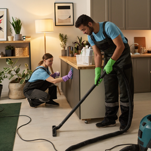 Two cleaners vacuuming a living room, one crouched and one standing with a hose.