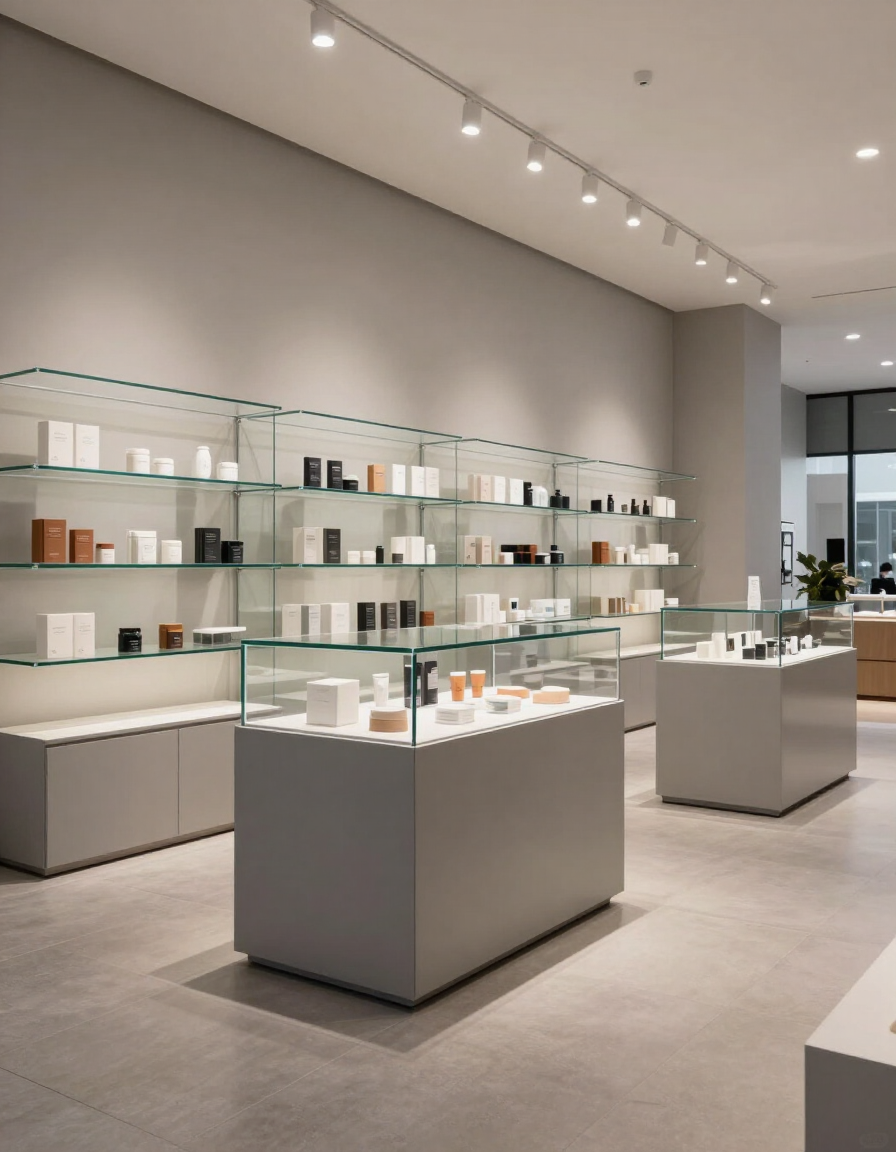 Espositori in vetro su misura in uno showroom moderno.