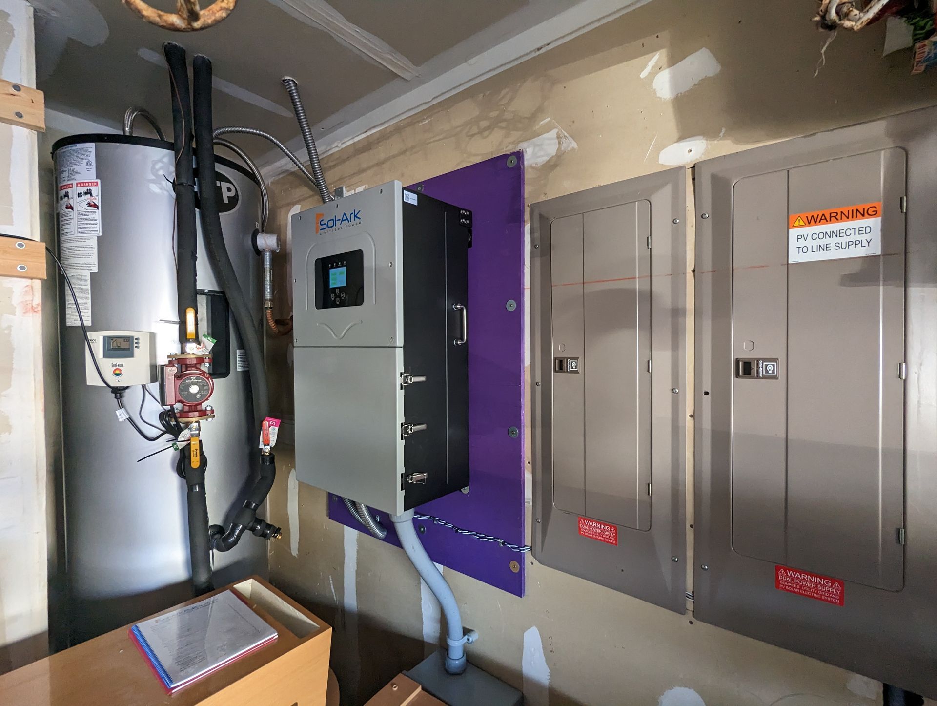 A room with a water heater and electrical panels on the wall.