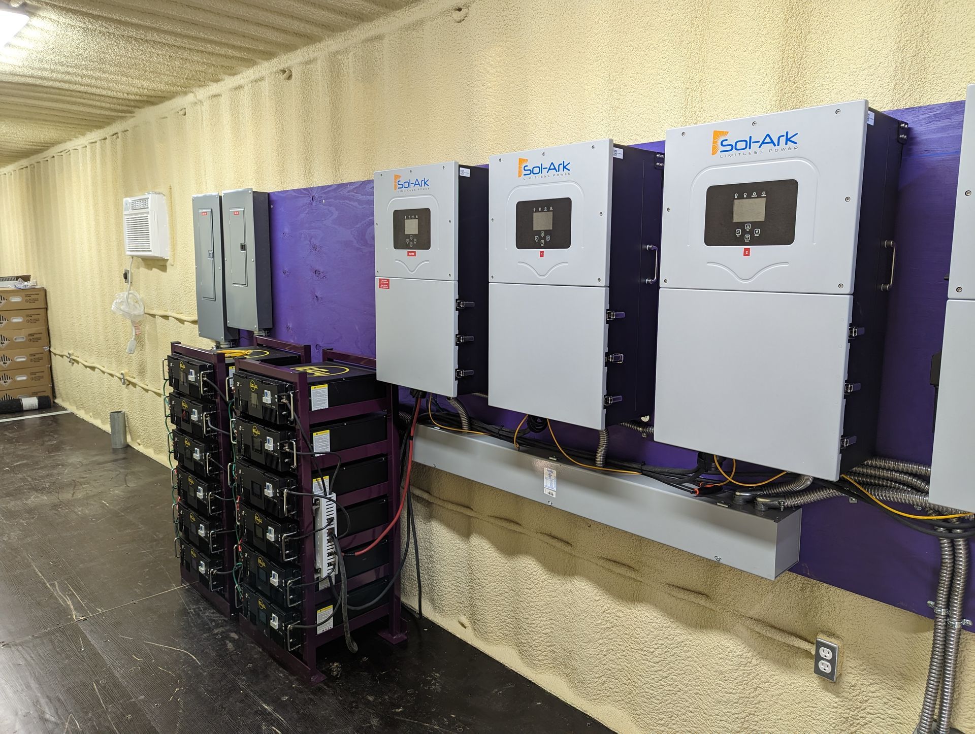 A room with a lot of electrical equipment on the wall.