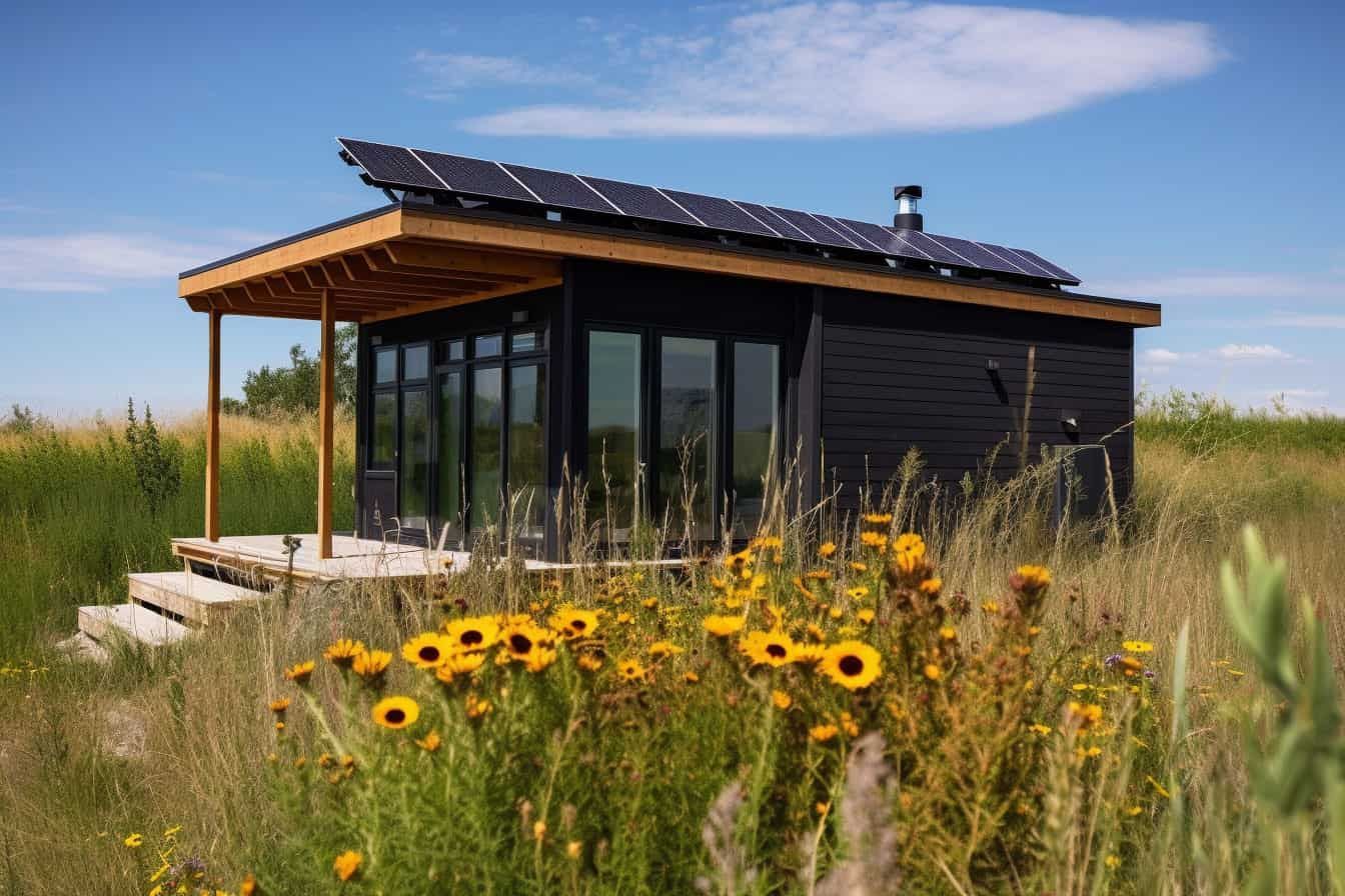 A small house with solar panels on the roof is sitting in the middle of a field of flowers.