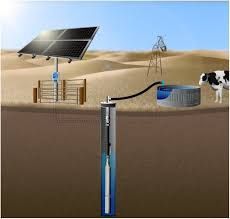 A diagram of a solar water pump in the desert with a cow in the background.