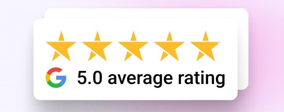 A sticker with five stars on it that says `` g 5.0 average rating ''.