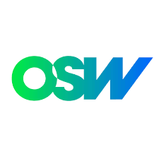 A green and blue logo for osw on a white background