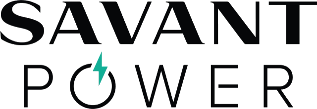 A logo for savant power with a lightning bolt in the middle.