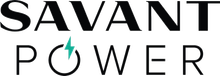 A logo for savant power with a lightning bolt in the middle.