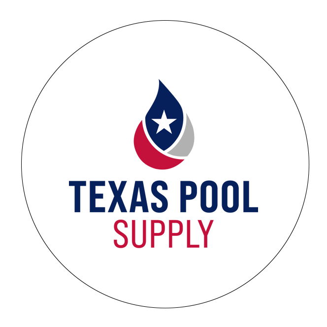 A logo for texas pool supply with a drop of water and a star