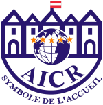 The logo for aicr is a blue and white logo with a castle and a globe.