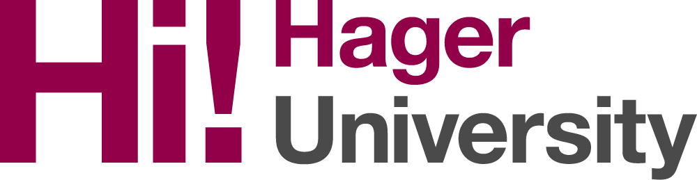 The logo for hager university is purple and white