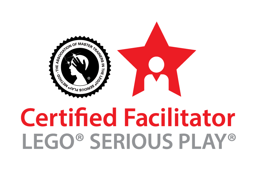 A logo for a certified facilitator for lego serious play.