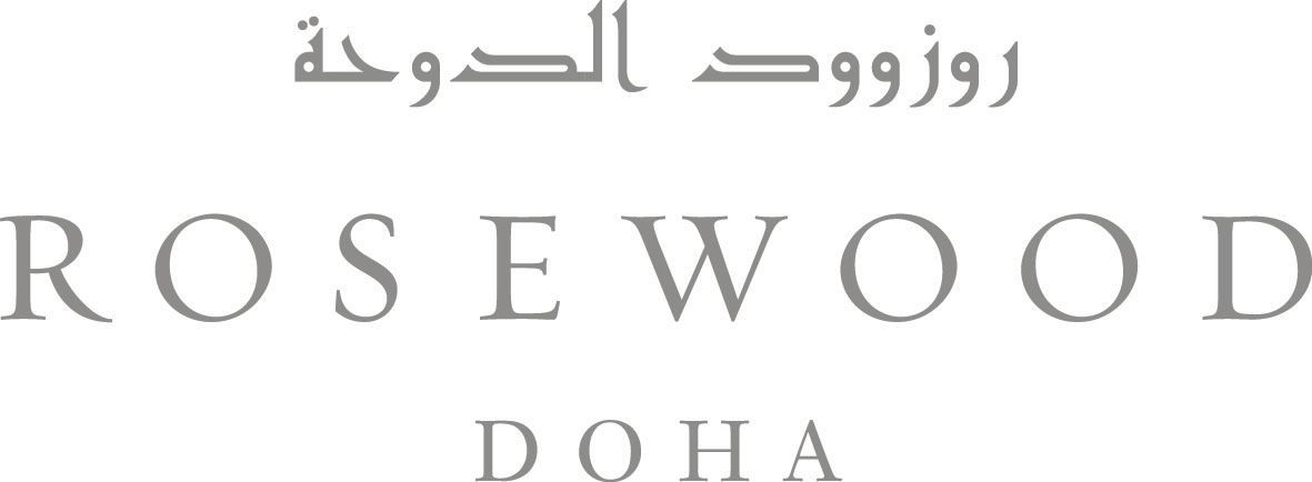A logo for rosewood doha in arabic and english on a white background.