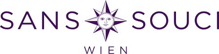 The sans souci wien logo is purple and has a sun with a face on it.