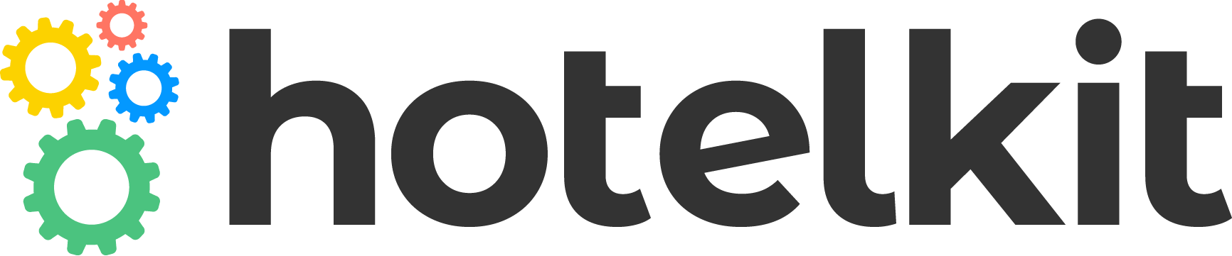 A logo for hotelkit with gears in the background