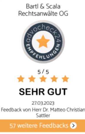 Bartl & Scala Rechtsanwälte OG review badge, 5/5 Sterne, “SEHR GUT,” mit 57 weiteren Bewertungen