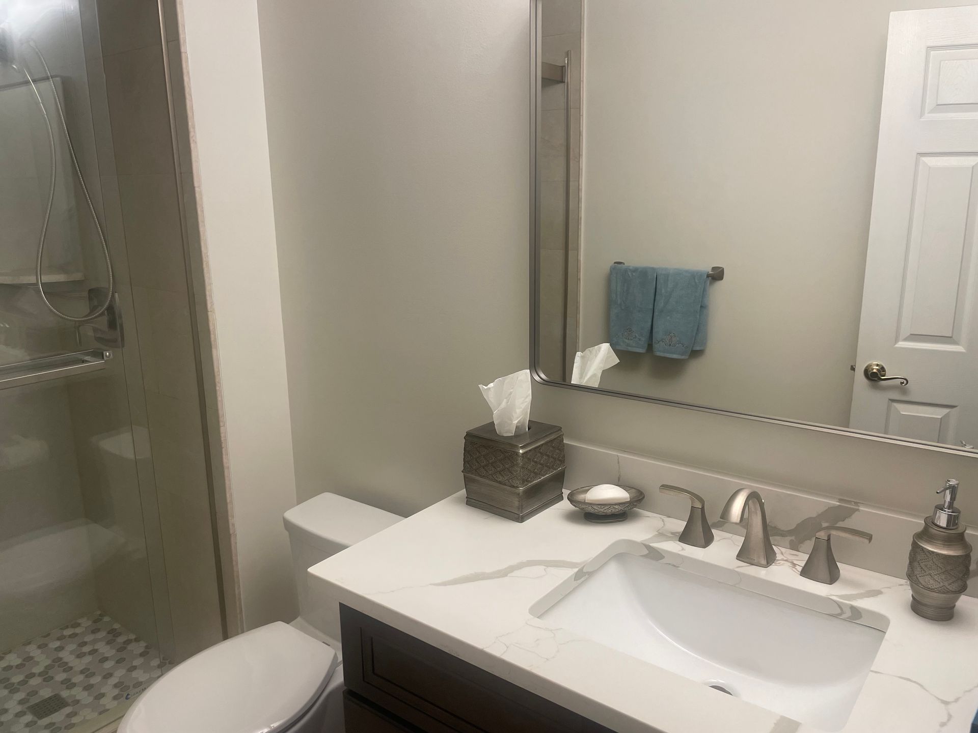 Bathroom with white sink, counter, toilet, shower, and tissue box. Light gray walls with a decorative mirror.