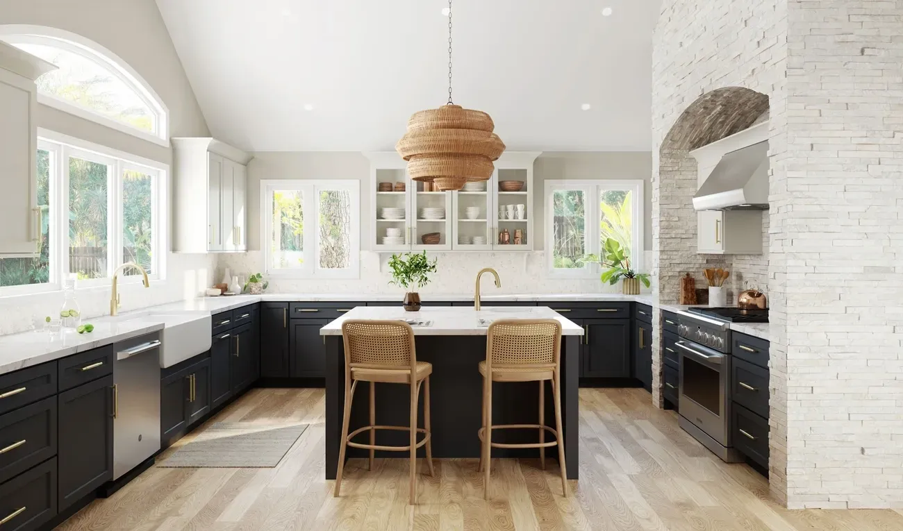 Modern kitchen with dark blue cabinets, white countertops, island, and woven light fixture.