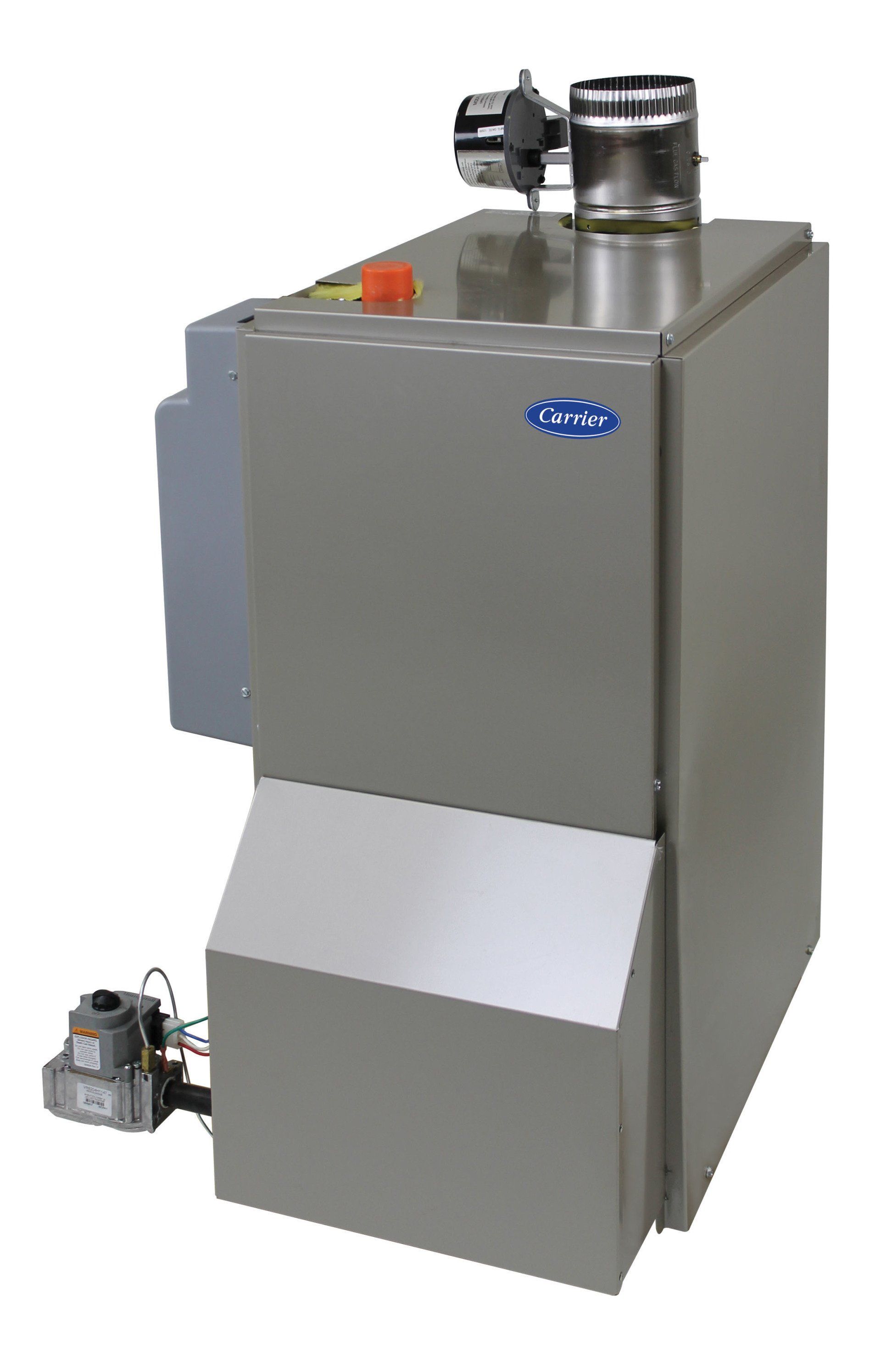 Gray Carrier oil-fired furnace with a vent pipe, burner, and electrical box.