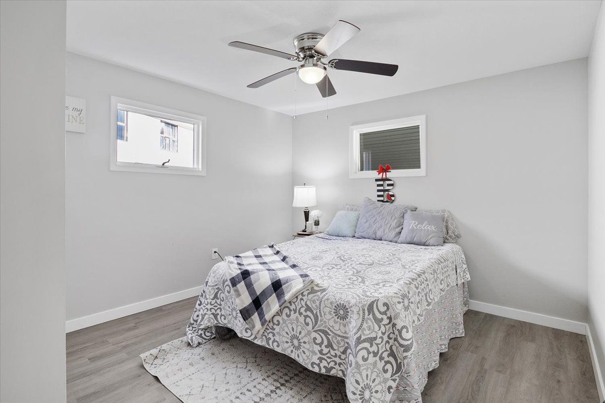 Bedroom with gray walls, bed, rug, window, ceiling fan, and lamp.
