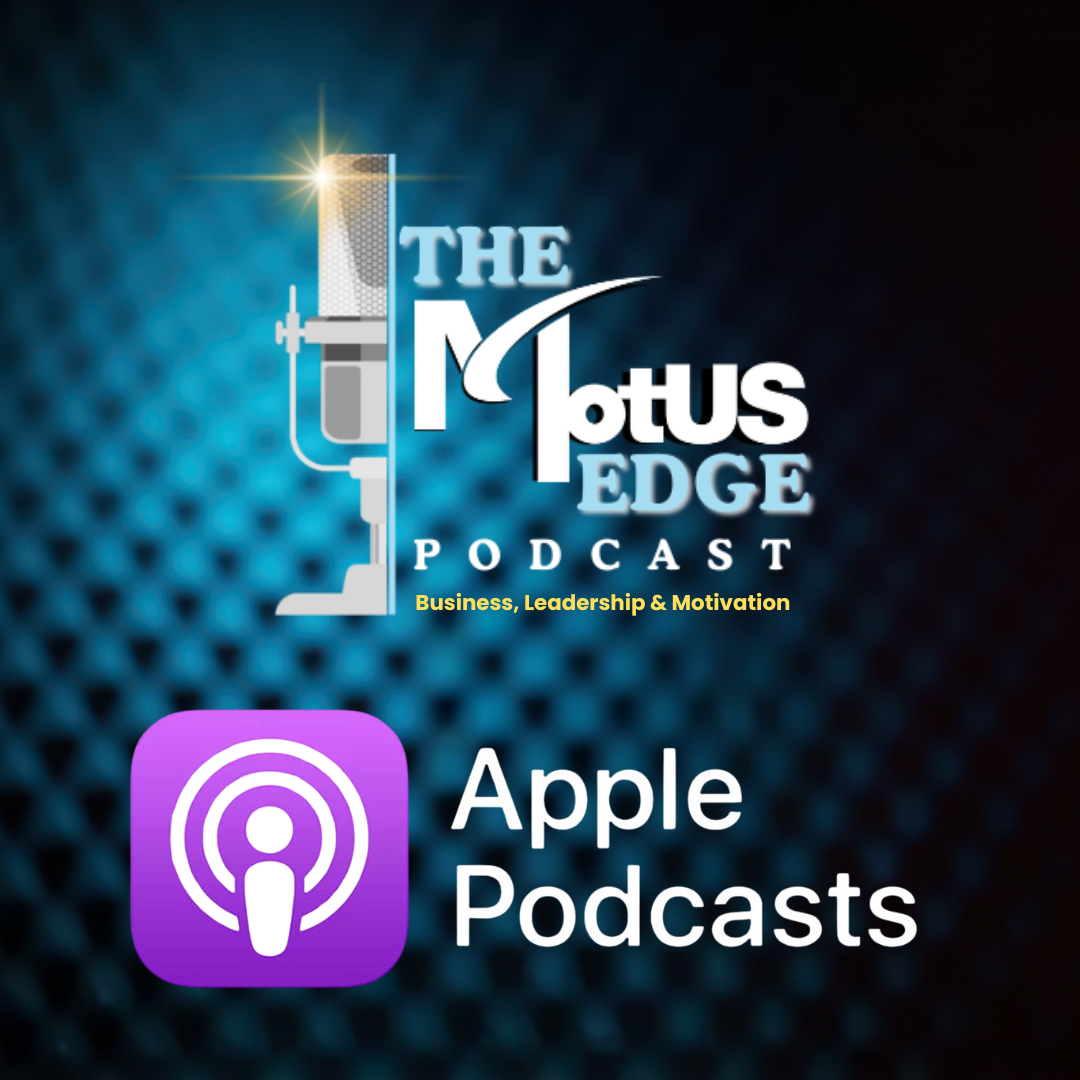 The Motus Edge podcast logo. Microphone with bright blue background and Apple Podcasts logo.