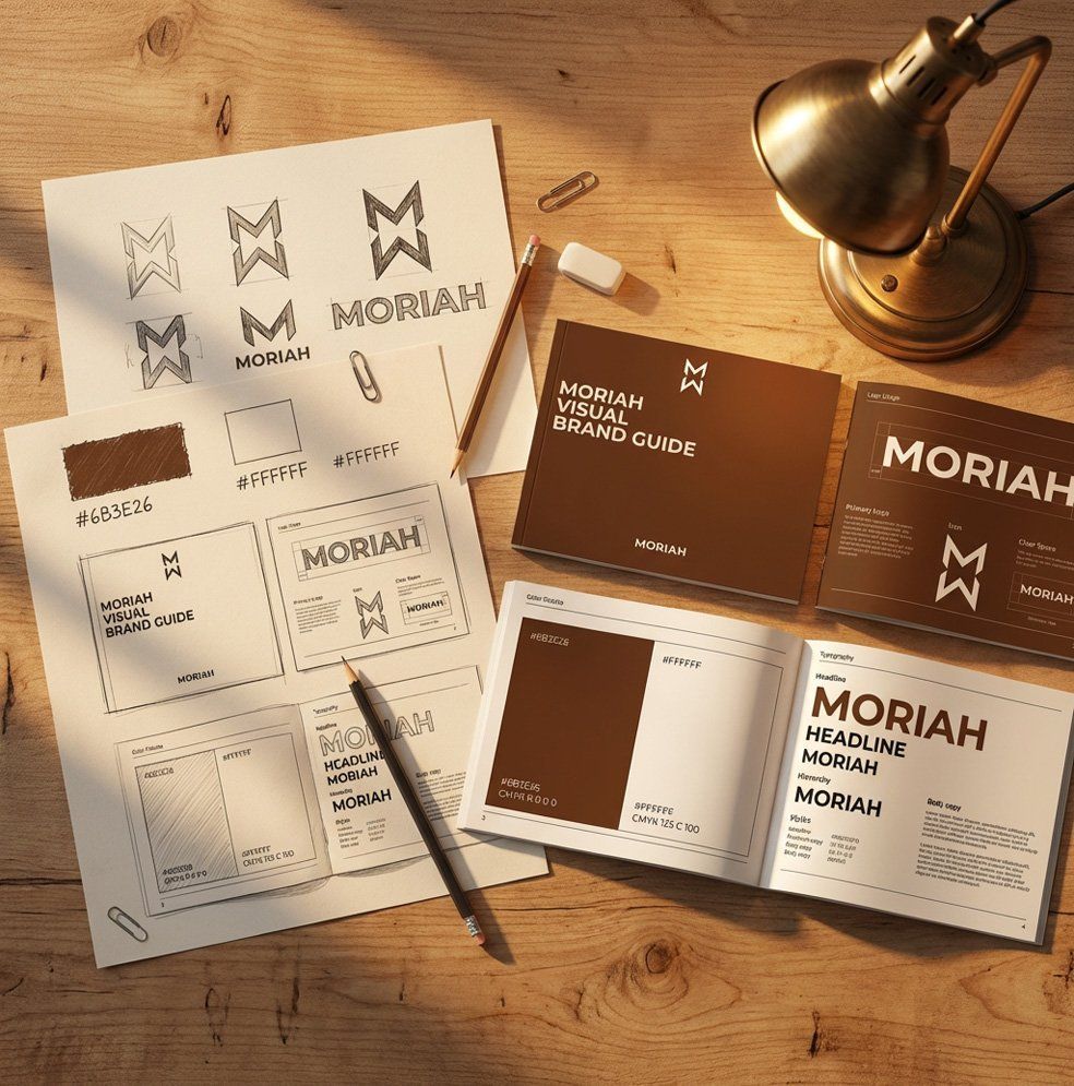 Brown-and-white branding mockups on a wooden desk with stationery and a lamp