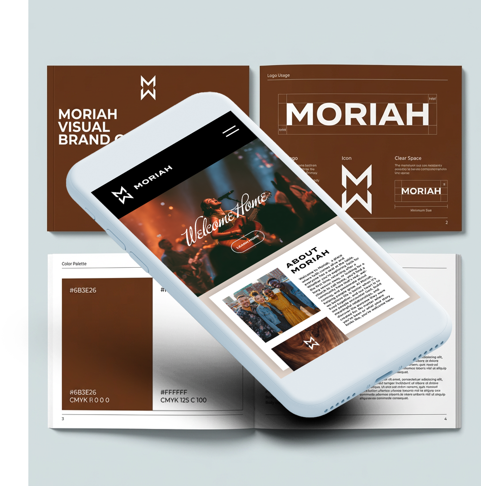 Brand mockup with a smartphone over brown-and-white Moriah Visual Brand stationery cards.