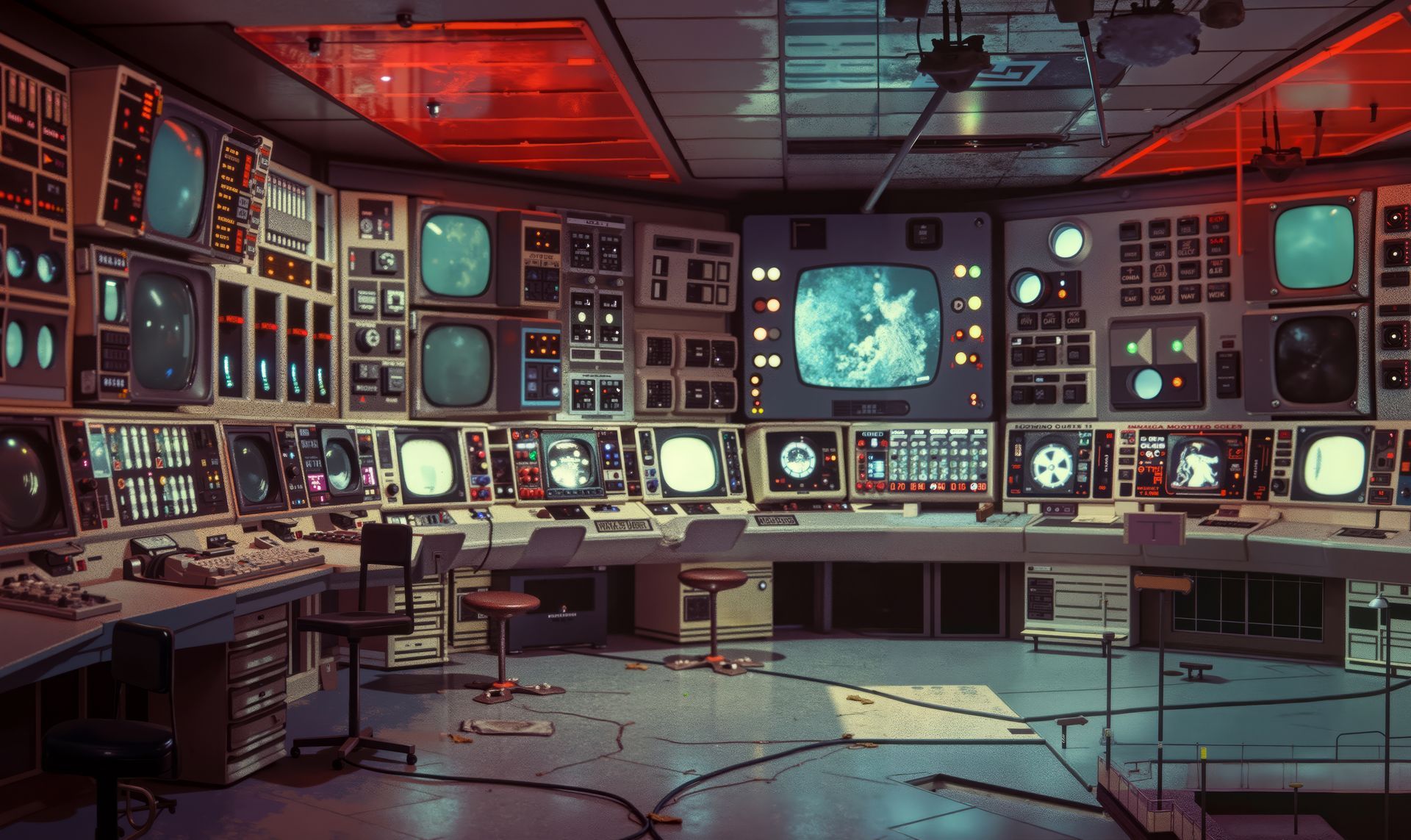 Futuristic control room with glowing monitors, red lighting, and a central display in a cluttered surveillance station