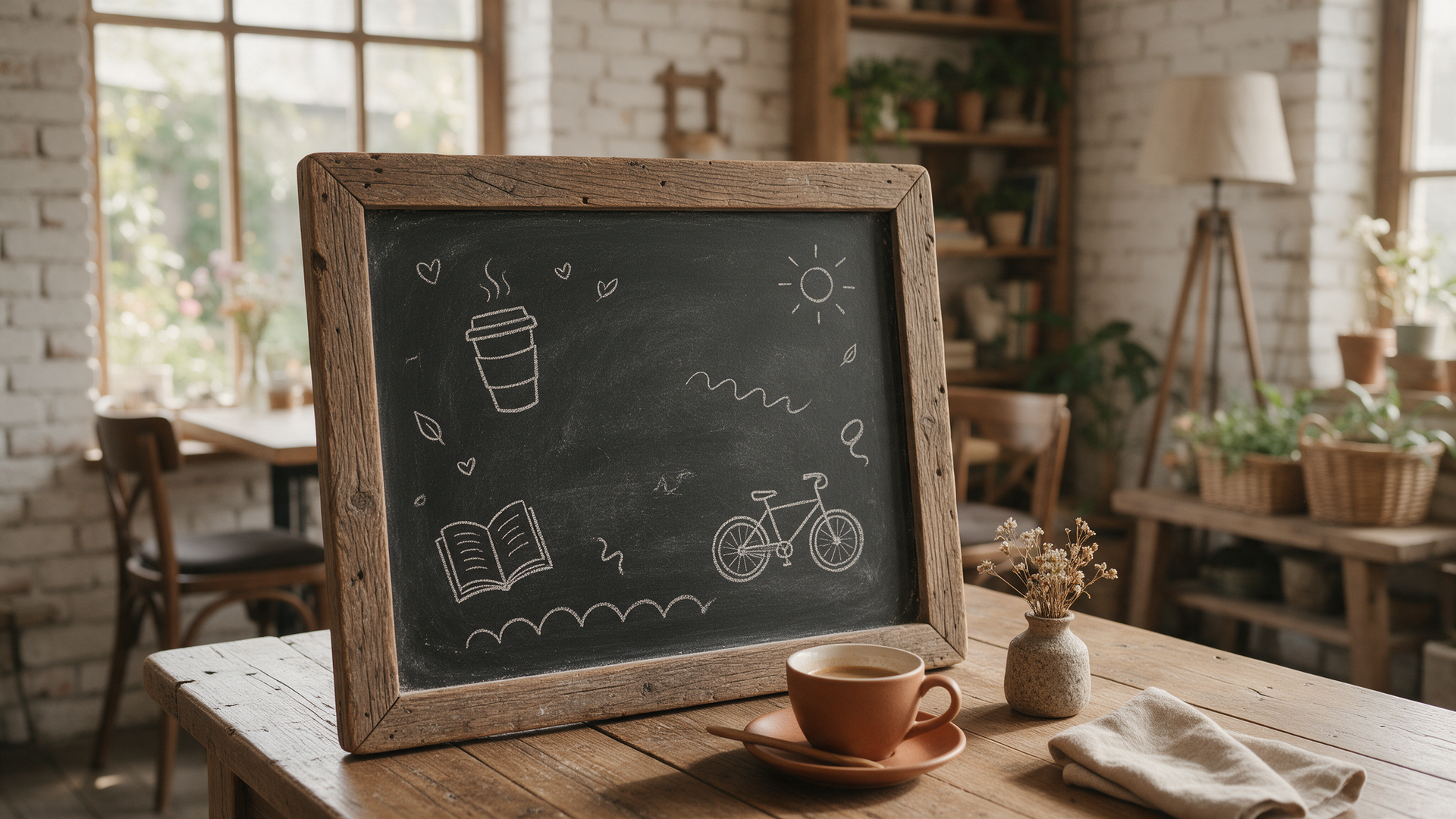 Rustic chalkboard and coffee mug on a wooden desk, symbolizing simple, authentic church branding.