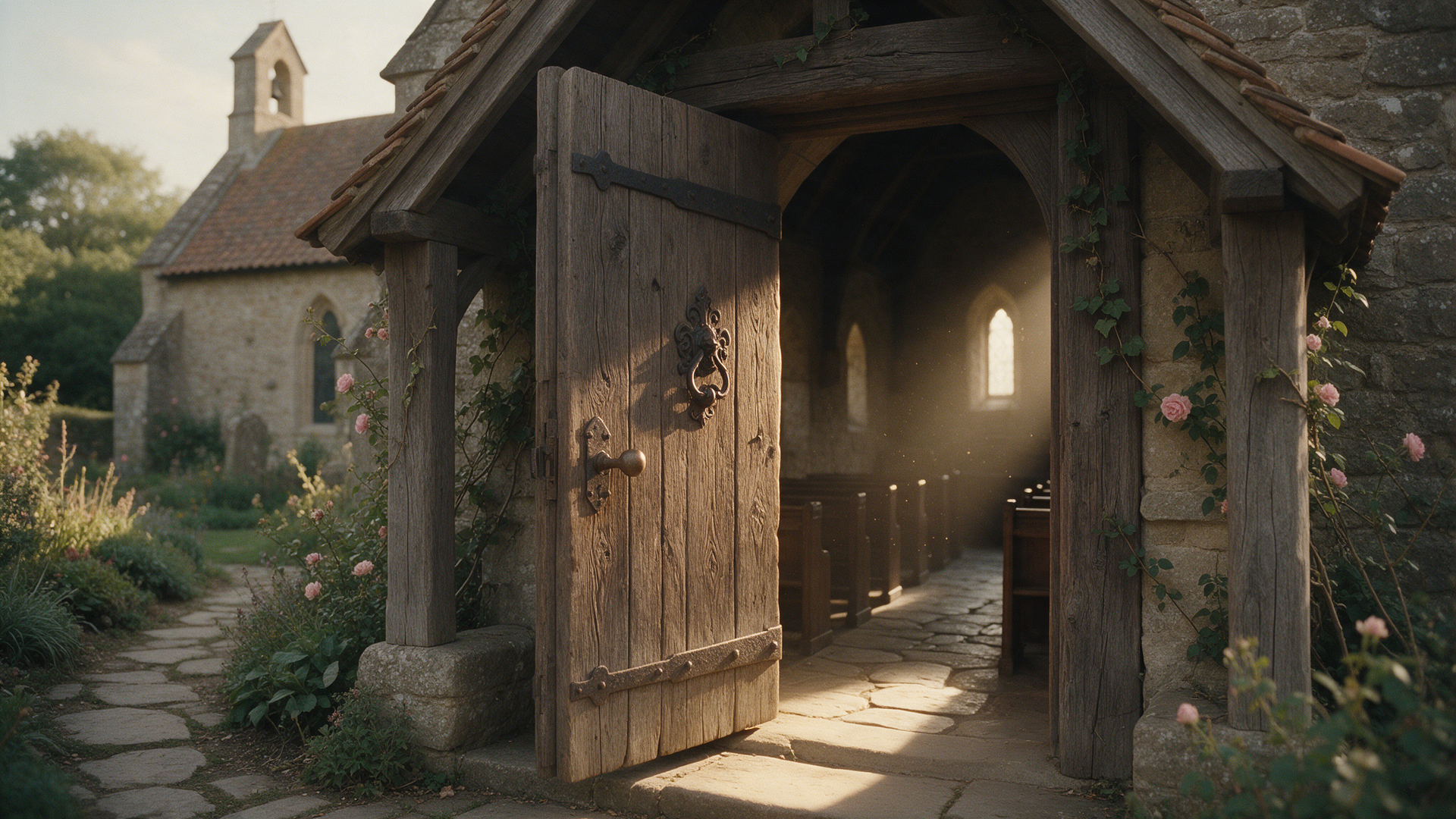 Open wooden church door with warm light spilling onto a garden path lined with roses.