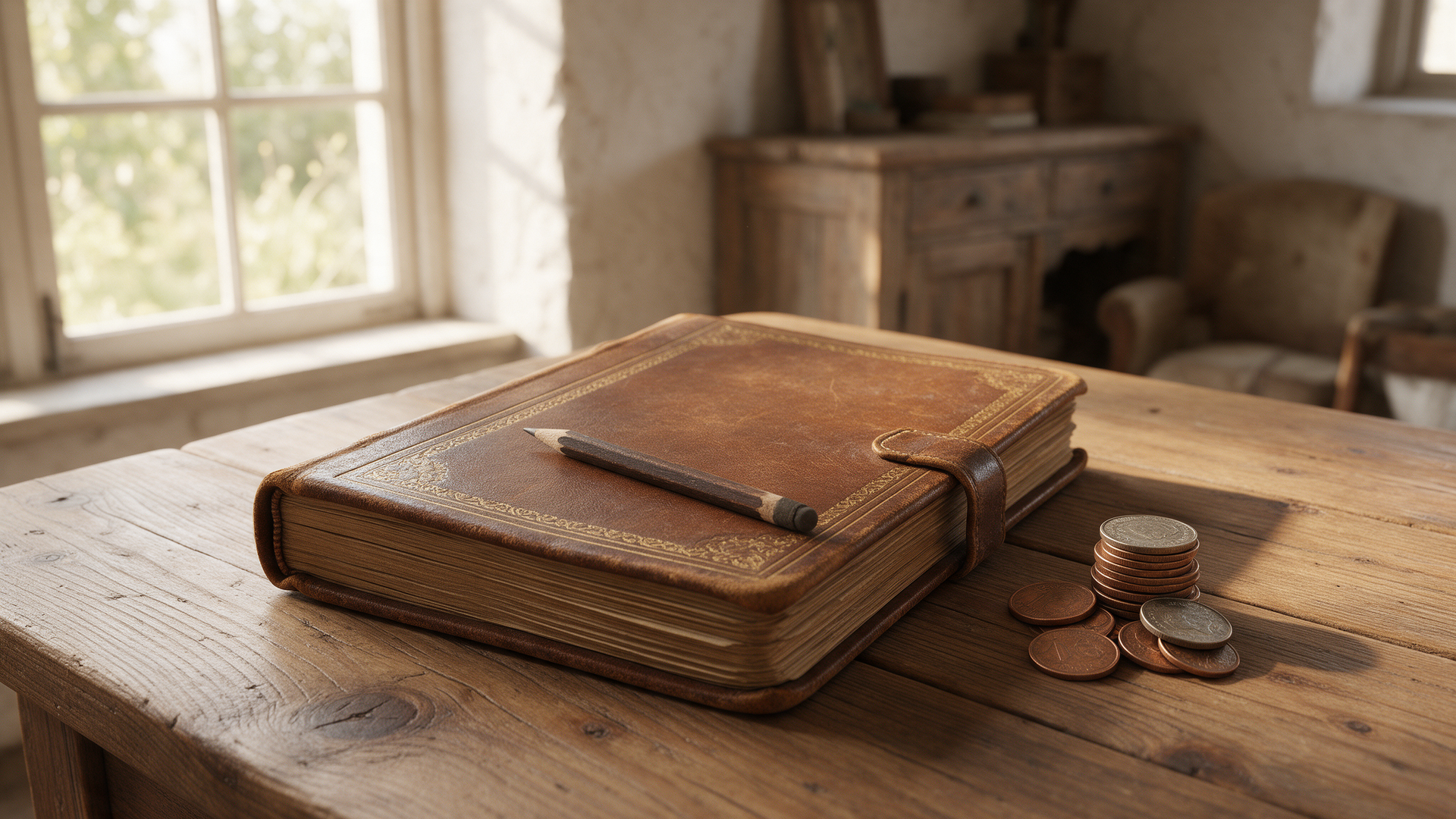 Vintage ledger book and coins on a rustic wooden table, representing real church website costs.