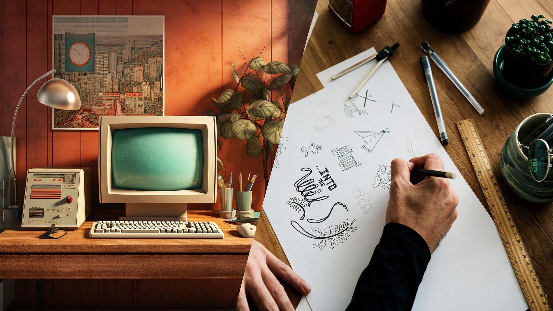 Desk with vintage computer and stationery beside a hand sketching on paper in a warm, cluttered workspace