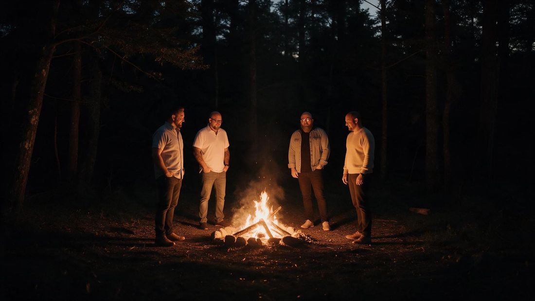 Four people stand around a campfire in a dark forest at night.