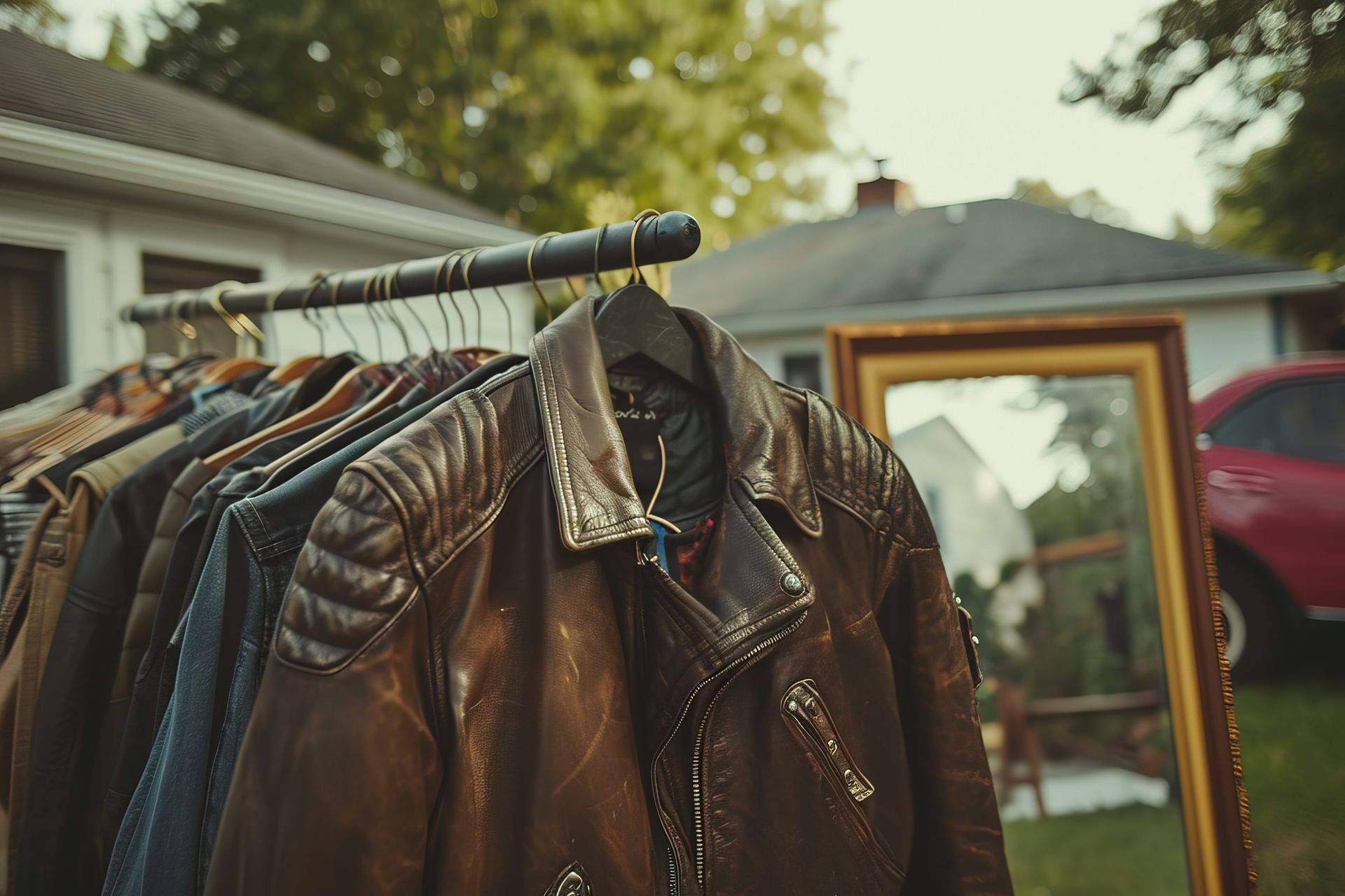 Brown leather jackets on a rack outdoors beside a vintage car and house