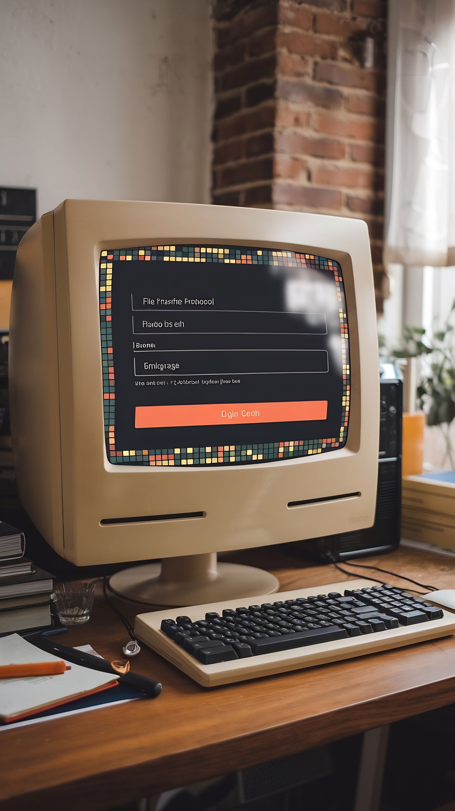 Vintage beige desktop computer on a wooden desk beside a window, showing a dark screen with orange buttons.