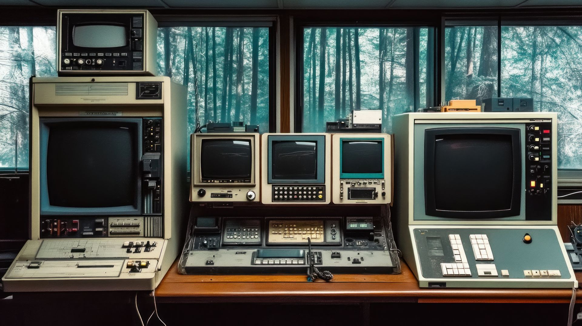 Vintage computer control room with several old CRT monitors and consoles on a wooden desk