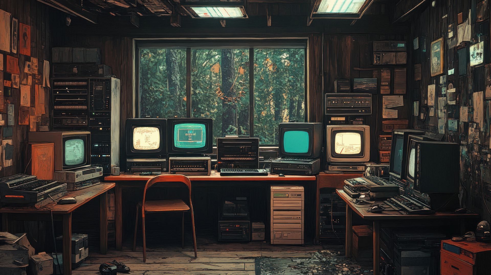 Vintage computer workstation with multiple glowing monitors in a dim, cluttered room with a forest view