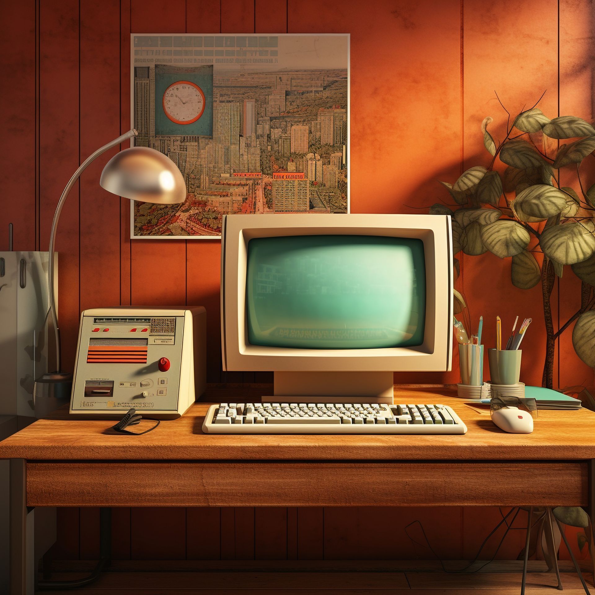 Retro desk with vintage computer, lamp, radio, keyboard, and plant in warm orange room
