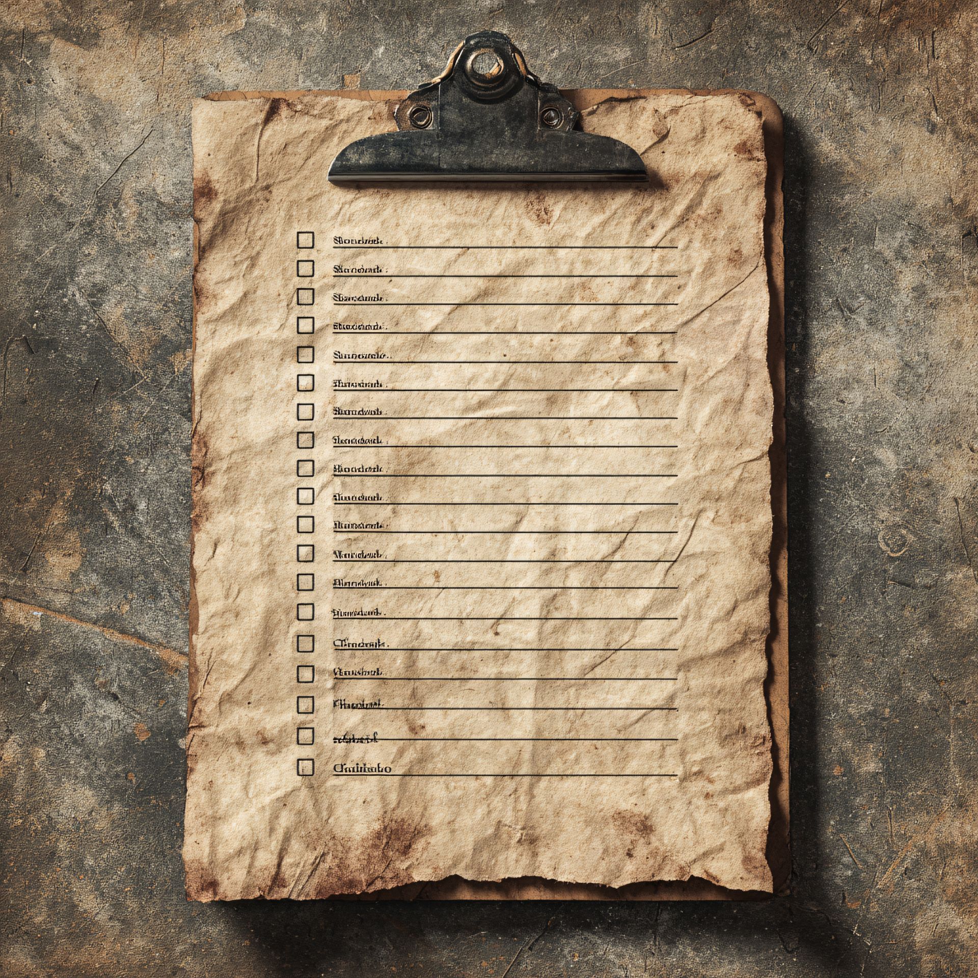 Old clipboard with a worn paper checklist on a stone surface