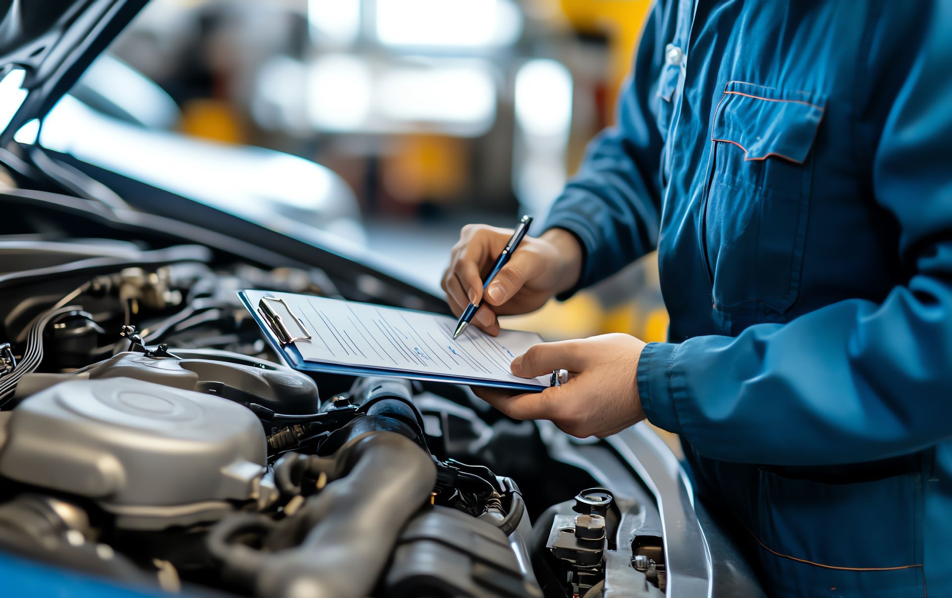 Mechanic in blue coveralls writing on a clipboard beside an open car engine
