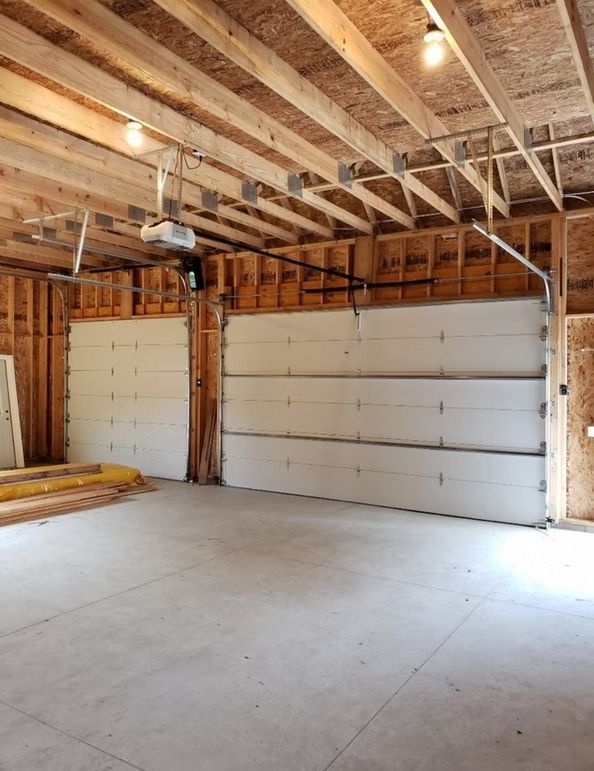 Unfinished garage interior with two white garage doors, concrete floor, wood beams, and exposed framing.