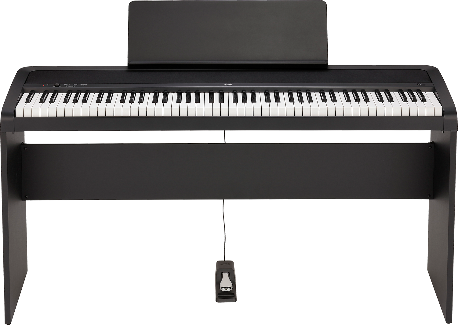 Black digital piano with sheet music stand and foot pedal.