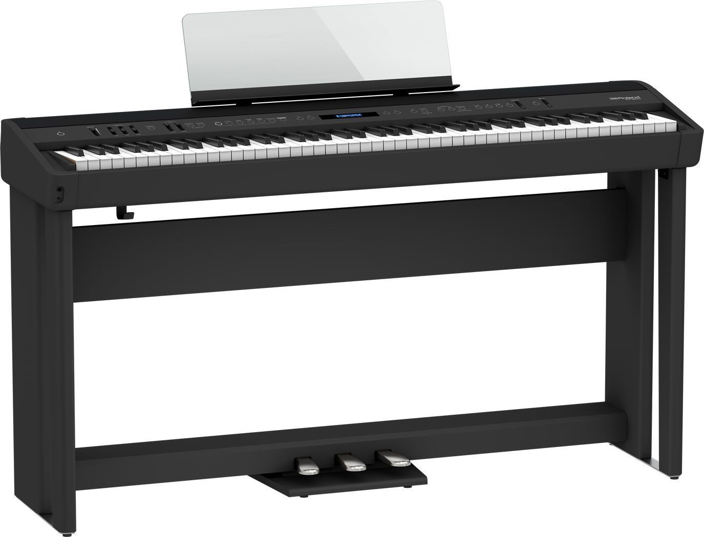Black digital piano with music stand and pedals.